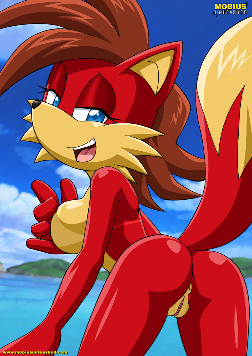 anus butt canine countershading female fiona_fox fox looking_at_viewer looking_over_shoulder mobius_unleashed nude plump_labia pussy sea solo sonic_(series) tail vixen