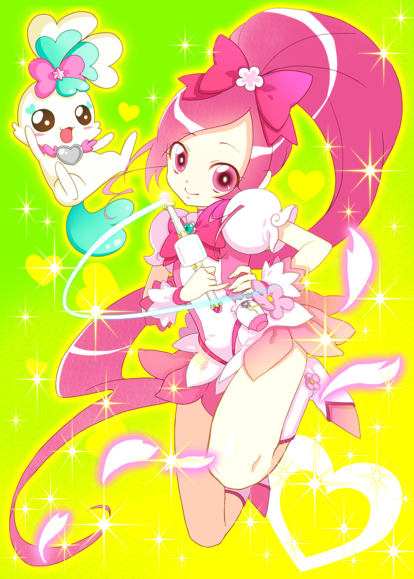 boots bow chypre_(heartcatch_precure!) cure_blossom eyelashes flower_tact hanasaki_tsubomi heartcatch_precure! highres kurosironeko long_hair magical_girl pink_bow pink_eyes pink_hair ponytail precure very_long_hair