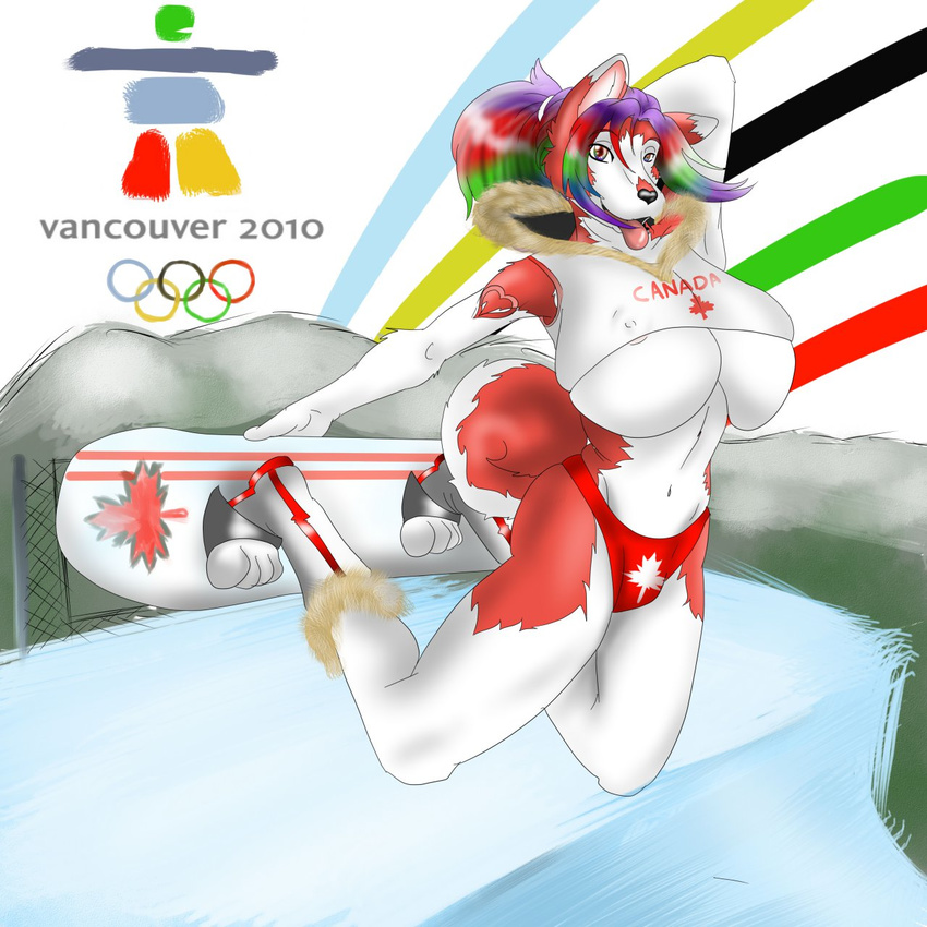 &hearts; bikini black_nose breasts canadian canine dog female hair heartz heartz_(character) huge_breasts husky long_hair looking_at_viewer olympics open_mouth pink rainbow rainbow_eyes rainbow_hair skimpy smile snowboard solo sports tongue_out under_boob vancouver white