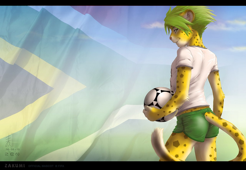 back_turned ball butt clothed clothing feline flag football green_eyes green_hair hair leopard looking_at_viewer looking_back male mammal pants pink_nose shirt shorts sky solo south_african_flag sport standing tail_button_bottoms tail_clothing wallpaper whiskers zakumi zen