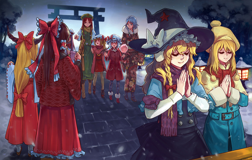 adapted_costume alice_margatroid alternate_costume alternate_hairstyle argyle argyle_legwear bow braid closed_eyes contemporary cotton_candy flandre_scarlet from_behind hair_bow hakurei_reimu hands_together hat hatsumoude hong_meiling horns ibuki_suika izayoi_sakuya japanese_clothes kimono kirisame_marisa lantern momijigari multiple_girls night night_sky patchouli_knowledge praying remilia_scarlet scarf single_braid sky snow striped striped_legwear torii touhou tree vertical-striped_legwear vertical_stripes winter winter_clothes witch_hat