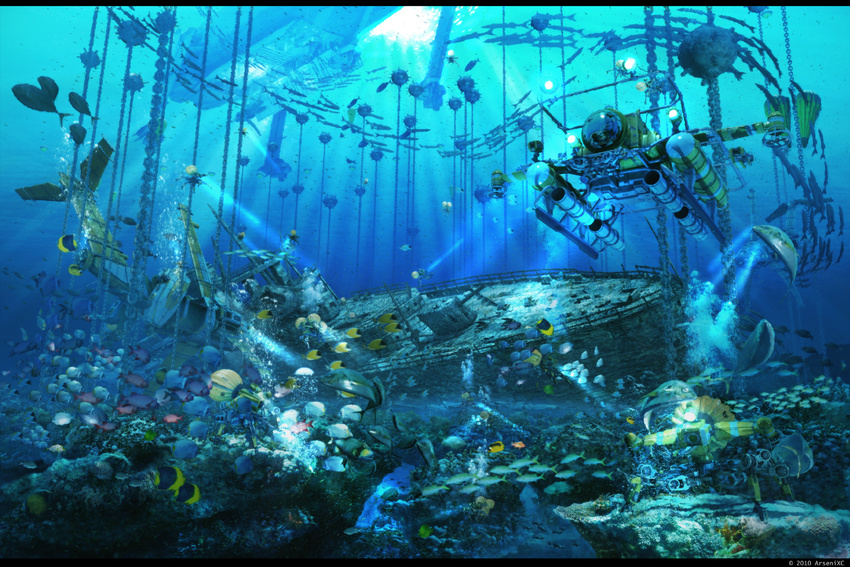 chain explosive fish highres mine_(weapon) naval_mine no_humans original scenery ship shipwreck underwater water watercraft