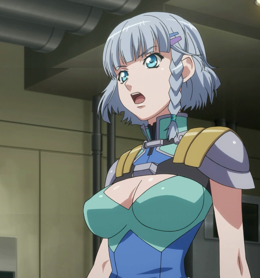 blue_eyes braid breasts cleavage highres large_breasts screencap seolla_schweizer silver_hair solo stitched super_robot_wars super_robot_wars_original_generation third-party_edit