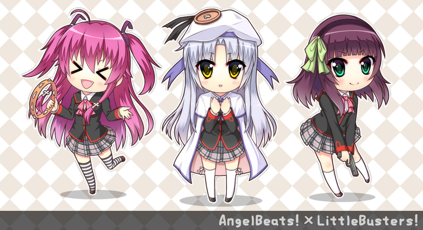&gt;_&lt; angel_beats! bad_id bad_pixiv_id blue_hair bow cape checkered checkered_background closed_eyes company_connection cosplay green_eyes gun hat instrument key_(company) little_busters! long_hair multiple_girls neon_(neonknight) noumi_kudryavka noumi_kudryavka_(cosplay) pink_bow pink_hair purple_hair saigusa_haruka saigusa_haruka_(cosplay) sakurai_harumi school_uniform seiyuu_connection striped striped_legwear tambourine tenshi_(angel_beats!) thighhighs tokido_saya tokido_saya_(cosplay) two_side_up weapon yellow_eyes yui_(angel_beats!) yuri_(angel_beats!)