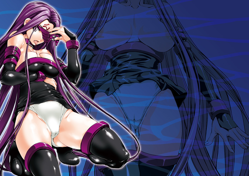 bare_shoulders blood breasts breasts_outside cameltoe choker cleavage detached_sleeves dress facial_mark fang fate/stay_night fate_(series) forehead_mark hair_over_breasts large_breasts long_hair panties purple_eyes purple_hair rider shinama solo strapless strapless_dress thighhighs tongue underwear very_long_hair white_panties