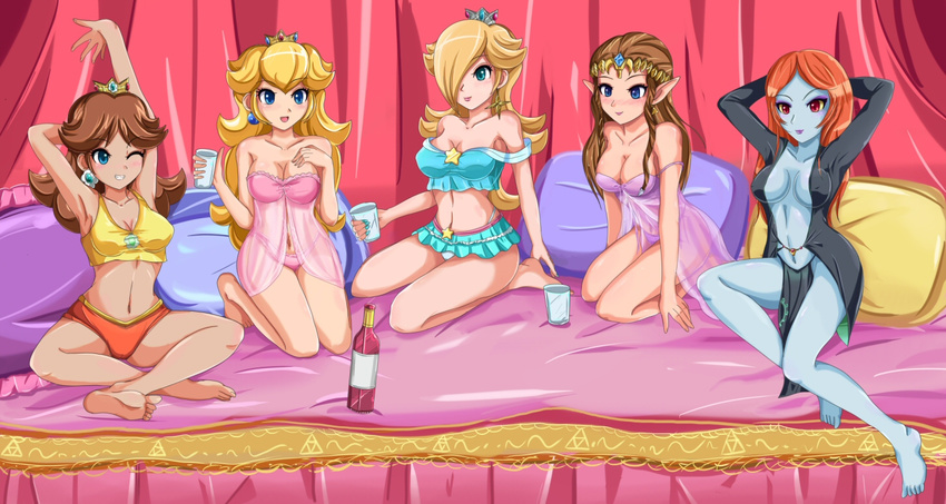:d arms_behind_head babydoll bare_shoulders barefoot bed blonde_hair blue_eyes blue_skin blush bottle breasts canopy_bed cleavage cup earrings flipped_hair grin hair_over_one_eye indian_style jewelry lingerie mario_(series) medium_breasts midna midna_(true) midriff multiple_girls one_eye_closed open_mouth pillow pointy_ears princess_daisy princess_peach princess_zelda rosetta_(mario) see-through shirt sigurd_hosenfeld sitting sleepover smile spoilers strap_slip super_mario_bros. taut_clothes taut_shirt the_legend_of_zelda the_legend_of_zelda:_twilight_princess underwear