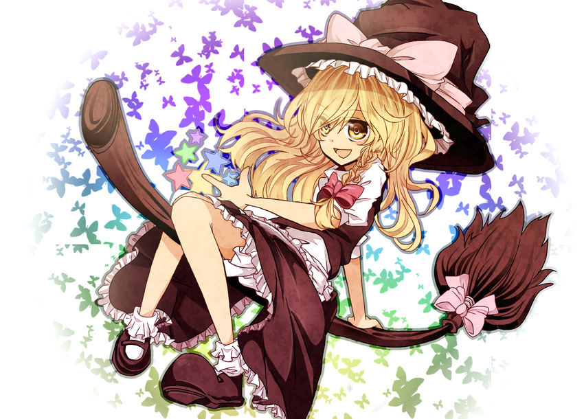 aizawa_riku bad_id bad_pixiv_id blonde_hair bloomers braid broom broom_riding bug butterfly hair_ribbon hat insect kirisame_marisa mary_janes open_mouth ribbon shoes smile solo star touhou underwear witch_hat yellow_eyes