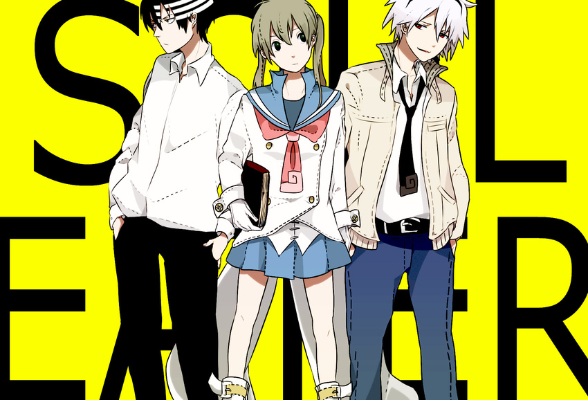 2boys adapted_costume albino alternate_costume bad_id bad_pixiv_id bangs belt black_eyes black_hair black_neckwear black_pants blonde_hair blouse blue_pants blue_skirt book boots boy_sandwich buckle carrying_under_arm closed_mouth copyright_name death_the_kid gloves hair_between_eyes hands_in_pockets head_tilt highres holding holding_book jacket legs_apart light_frown light_smile long_hair long_sleeves looking_away looking_to_the_side maka_albarn miniskirt multiple_boys necktie pants pleated_skirt red_eyes red_ribbon ribbon sandwiched school_uniform serafuku shirt skirt soul_eater soul_eater_(character) standing stitches tailcoat tsuyuxxx twintails white_blouse white_gloves white_hair white_shirt wrist_cuffs yellow_background