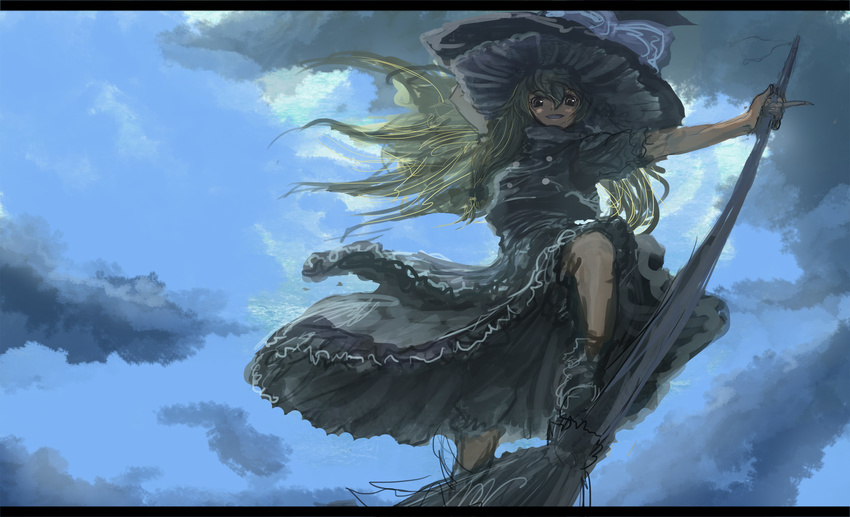 apron bad_id bad_pixiv_id blonde_hair blue_sky broom broom_surfing buttons cloud dark_clouds day dress from_below grin hand_on_headwear hand_up hat hey_taishou highres holding holding_broom kirisame_marisa leg_lift letterboxed long_hair long_image outstretched_arm pinky_out sky smile solo touhou wide_image witch_hat