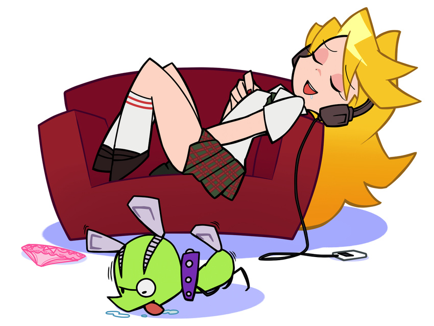 bare_legs blonde_hair chuck_(psg) closed_eyes clothes_on_floor clothes_removed couch digital_media_player drooling flat_color headphones highres long_hair masturbation official_style panties panties_removed panty_&amp;_stocking_with_garterbelt panty_(psg) plaid plaid_skirt pu-chin school_uniform self_fondle skirt socks underwear