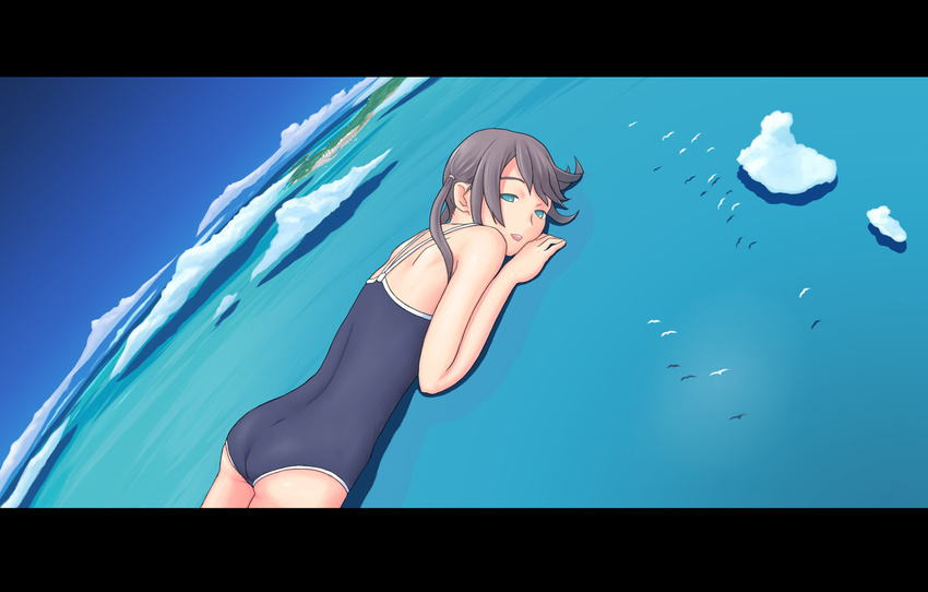 bird brown_hair cloud earth flash_tomo giantess horizon letterboxed lying ocean on_stomach one-piece_swimsuit original scenery solo swimsuit