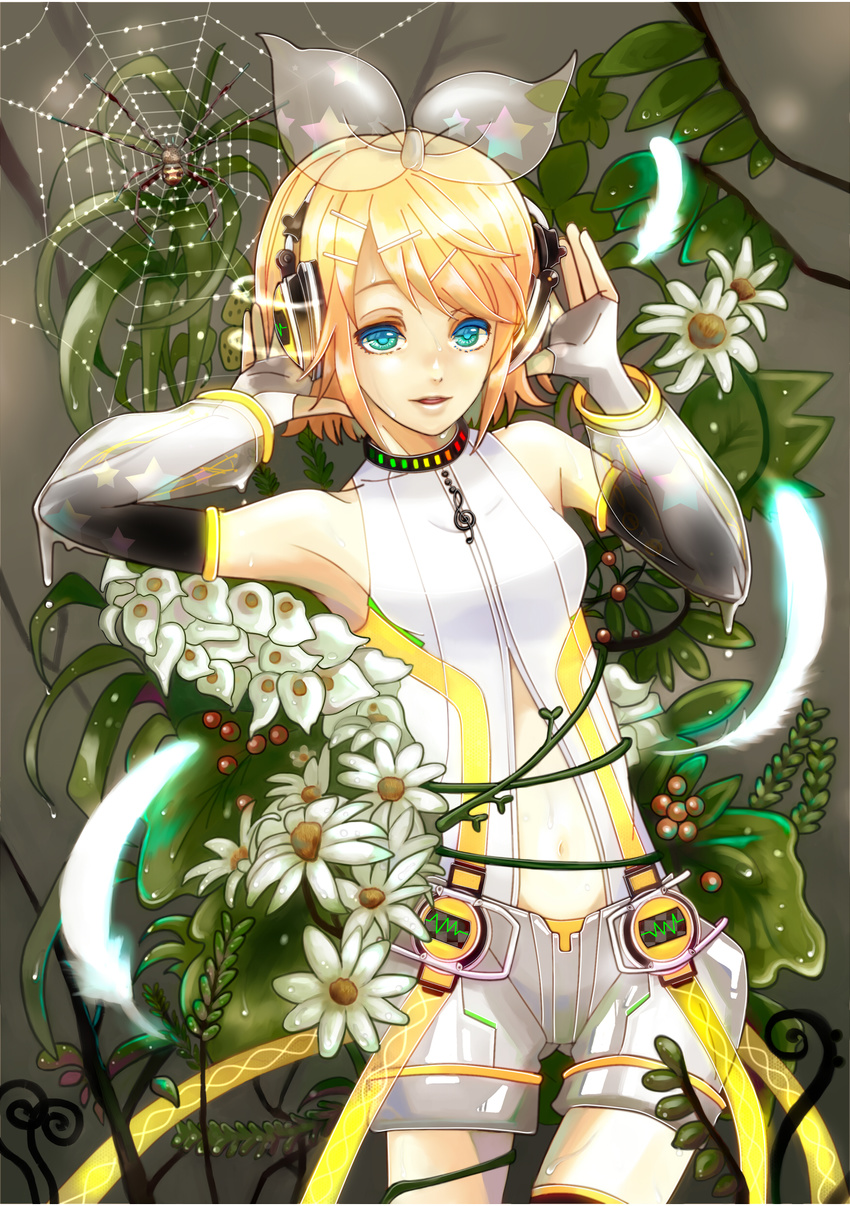 absurdres aqua_eyes arm_warmers blonde_hair bug daisy dante_itou detached_sleeves feathers flower hair_ornament hair_ribbon hairclip headphones highres kagamine_rin kagamine_rin_(append) md5_mismatch navel ribbon short_hair shorts silk smile solo spider spider_web vocaloid vocaloid_append