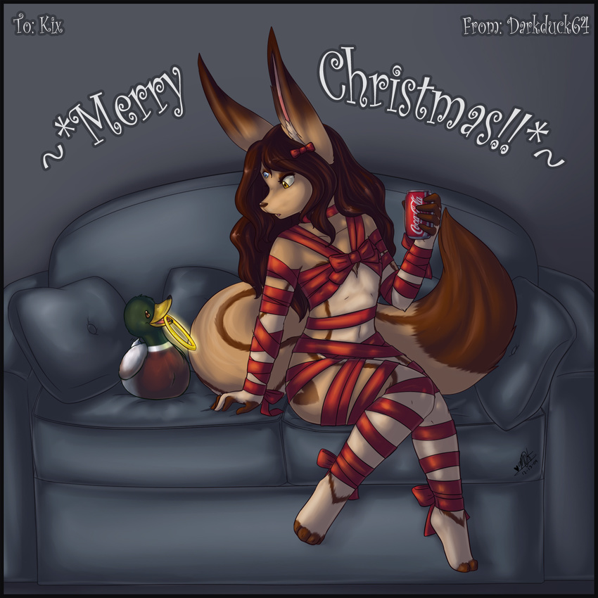 canine coca_cola couple cute darkduck64 duck elfane female fennec flat_chest fox gift_wrapped halo kix kululu-xiao multiple_eyes product_placement sitting sofa tail three_eyes xmas