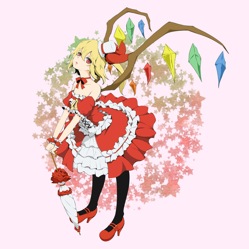 alternate_costume bad_id bad_pixiv_id bare_shoulders blonde_hair bow choker christmas dress flandre_scarlet frills hair_bow hat head_tilt highres ichi-jirushi mini_hat mini_top_hat open_mouth pantyhose red_eyes side_ponytail solo star top_hat touhou umbrella wings wrist_cuffs
