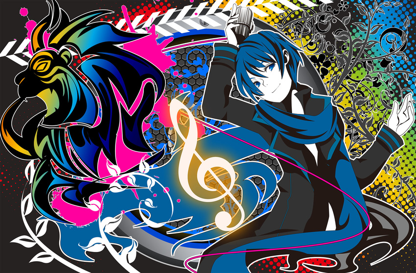 bad_id bad_pixiv_id blue_hair blue_scarf highres kaito male_focus musical_note sakisato_kiriko scarf solo vocaloid