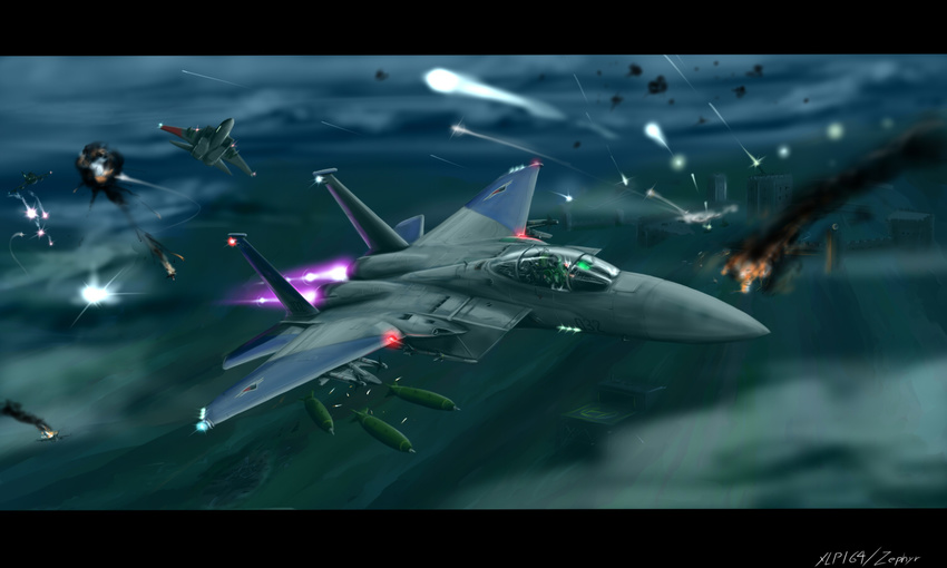 ace_combat_zero afterburner aircraft airplane antiaircraft_weapon battle bomb cipher_(ace_combat) f-15_eagle fighter_jet firing flying fortress gun jet larry_foulke letterboxed military military_vehicle missile night no_humans pilot tracer_bullets war weapon zephyr164