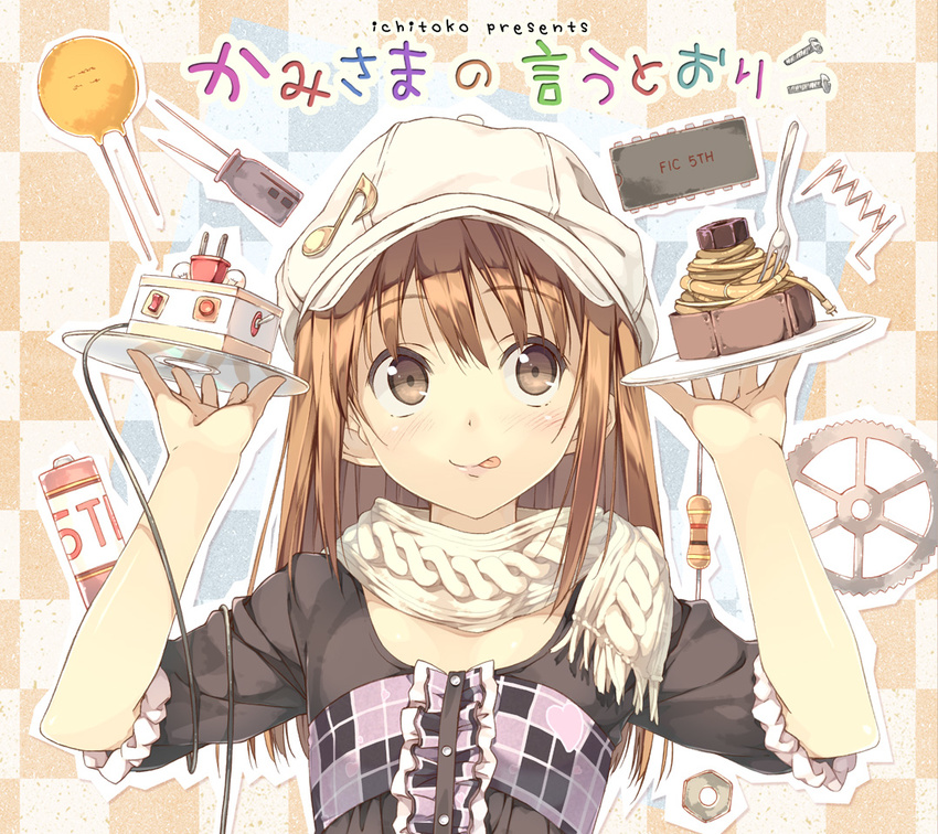 :q album_cover battery brown_eyes brown_hair cable capacitor cd checkered checkered_background commentary_request computer_chip cover eighth_note electric_plug fork gears hat kantoku musical_note nut_(hardware) original outline plaid resistor scarf screw solo tongue tongue_out upper_body white_outline