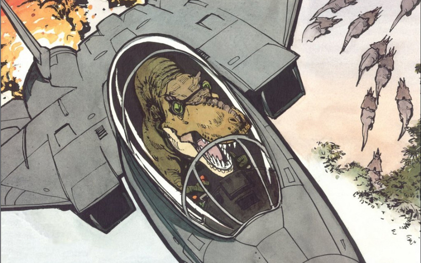 airplane awesome bill_watterson calvin_and_hobbes dinosaur fighter_jet fighter_pilot jet raptor scalie t-rex triceratops what