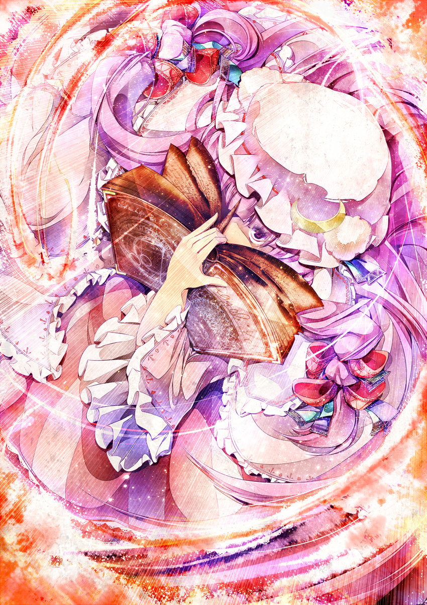 absurdres book crescent hat highres long_hair patchouli_knowledge purple_eyes purple_hair solo sugiyuu touhou