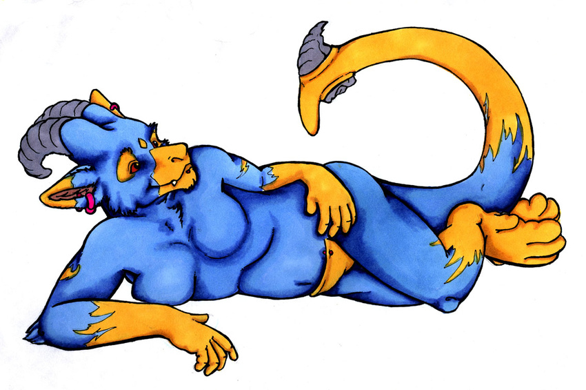 banrai banrai(character) dragon lounging nude piercing pouch scalie socks_(marking) solo