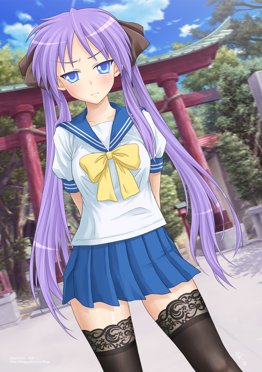 arms_behind_back black_legwear blue_eyes blue_skirt blush cloud collarbone day ffyak frown hair_ribbon highres hiiragi_kagami lace lace-trimmed_thighhighs long_hair lucky_star outdoors pleated_skirt purple_hair ribbon ryouou_school_uniform school_uniform serafuku skirt sky solo thighhighs torii tsurime twintails yellow_neckwear zettai_ryouiki