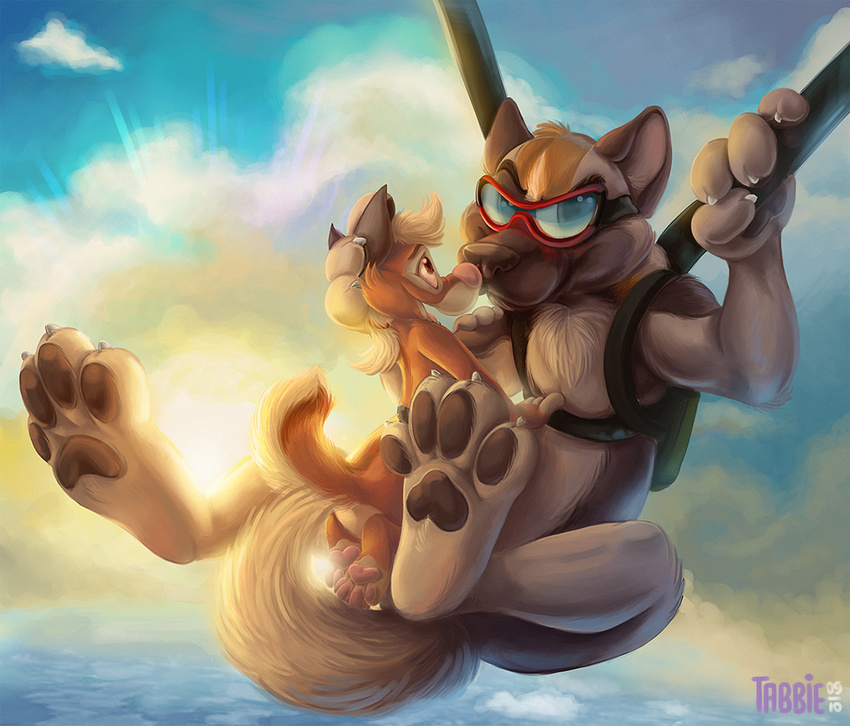 anthro canine cloud clouds duo eyewear female goggles hindpaw male mammal parachute paws size_difference sky smile tabbiefox wolf
