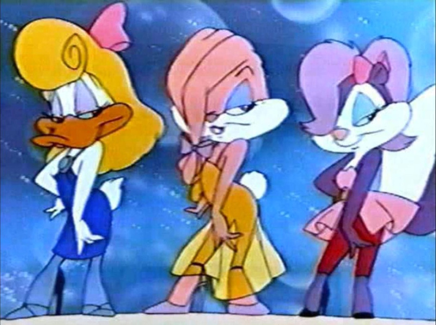 3_girls babs_bunny bow clothed clothing eyeshadow female fifi_la_fume fifi_le_fume high_heels lagomorph makeup mammal pink_nose pose rabbit screencap shirley_the_loon skunk standing tiny_toon_adventures tiny_toons warner_brothers