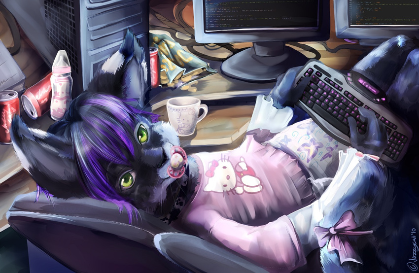 bottle cat clothing computer cute diaper feline hair hello_kitty infantilism jazzycat keyboard keyboard_(computer) logitech_g15 looking_at_viewer male mammal pacifier purple_hair signature solo