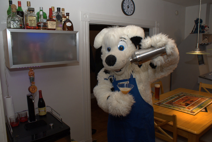 apron beer beverage blue_eyes canine clock dalmatian dog fursuit kitchen looking_at_viewer male mammal photo pup1k real solo unknown_artist
