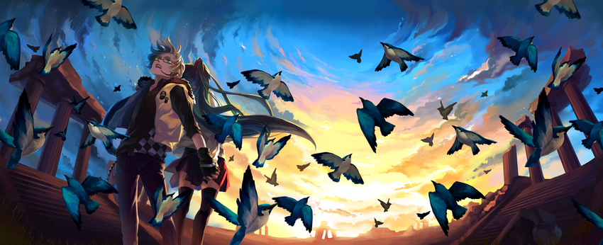 1girl aqua_eyes aqua_hair bespectacled bird blonde_hair cloud flock glasses hatsune_miku headphones headset highres holding_hands kagamine_len long_hair mizukai open_mouth scenery skirt sky sun thighhighs twintails very_long_hair vocaloid zettai_ryouiki