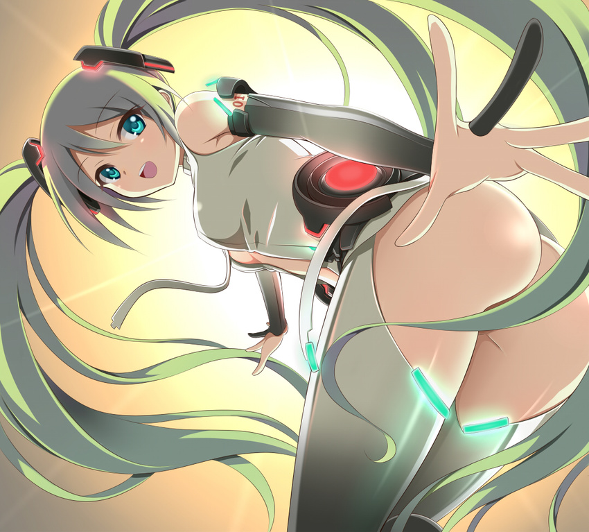 aqua_eyes ass bad_id bad_pixiv_id bare_shoulders bottomless bridal_gauntlets dansa from_below green_hair hatsune_miku hatsune_miku_(append) long_hair open_mouth outstretched_hand smile solo thighhighs twintails very_long_hair vocaloid vocaloid_append white_legwear