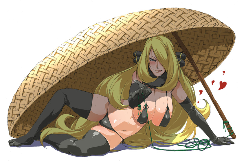 :q arm_support bad_id bad_pixiv_id bikini black black_bikini black_legwear blonde_hair blush breasts cleavage come_hither drop_trap elbow_gloves gloves hair_over_one_eye hanging_breasts heart huge_breasts jaga_note licking_lips long_hair lying naughty_face on_side outstretched_hand pokemon pokemon_(game) pokemon_dppt saliva shirona_(pokemon) side-tie_bikini simple_background solo sweat swimsuit thighhighs tongue tongue_out very_long_hair white_background