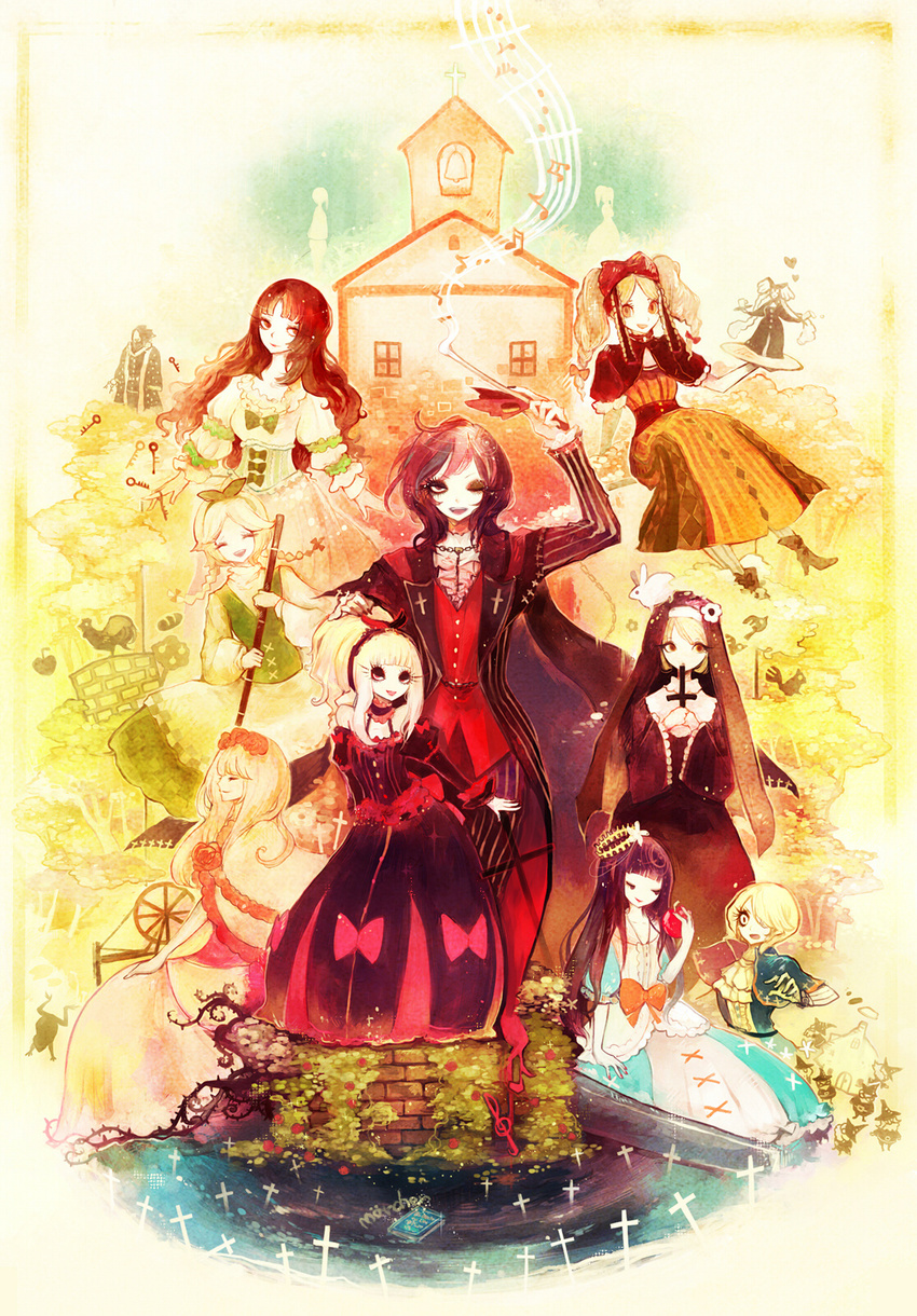 6+girls aohigeko apple book broom bunny buranko_(marchen) church coffin cross doll dornroschen dwarf elyse food frog fruit highres holding holding_food holding_fruit houmuari idoko key marchen marchen_von_friedhof marz_von_ludowing multiple_girls nun_(marchen) prince princess schneewittchen sleeping_beauty sound_horizon tettere