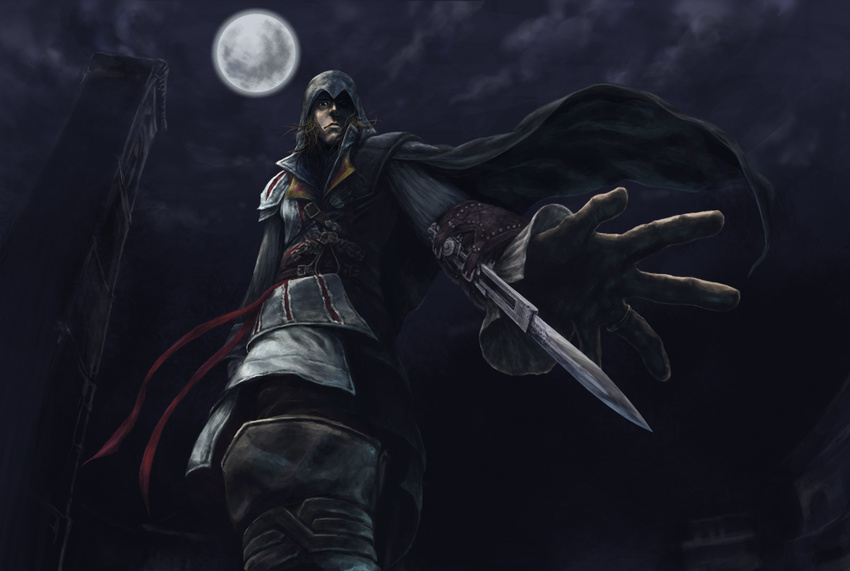 assassin's_creed_(series) assassin's_creed_ii bad_id bad_pixiv_id blade brown_hair cape giovanni_auditore_da_firenze hidden_blade hood male_focus moon mura_alex night solo vambraces weapon