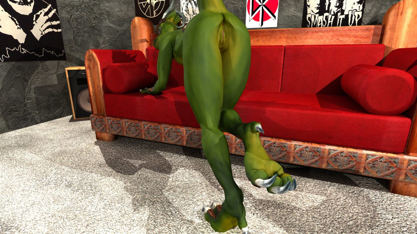 anthro anus ass_up butt circlea61 claws dragon female green green_body hindpaw horn krotsgier looking_back nude paws pose pussy scalie solo