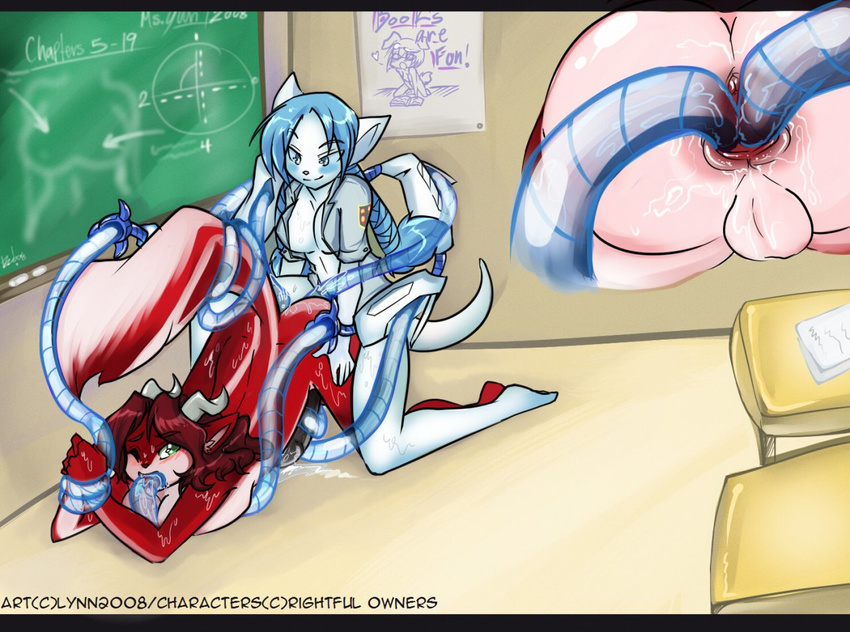 anal anal_penetration balls blue_eyes blue_hair blush breasts butt chaosie classroom cyborg feline female green_eyes hair herm horns intersex kyera nude penetration penis rape school sex tentacles