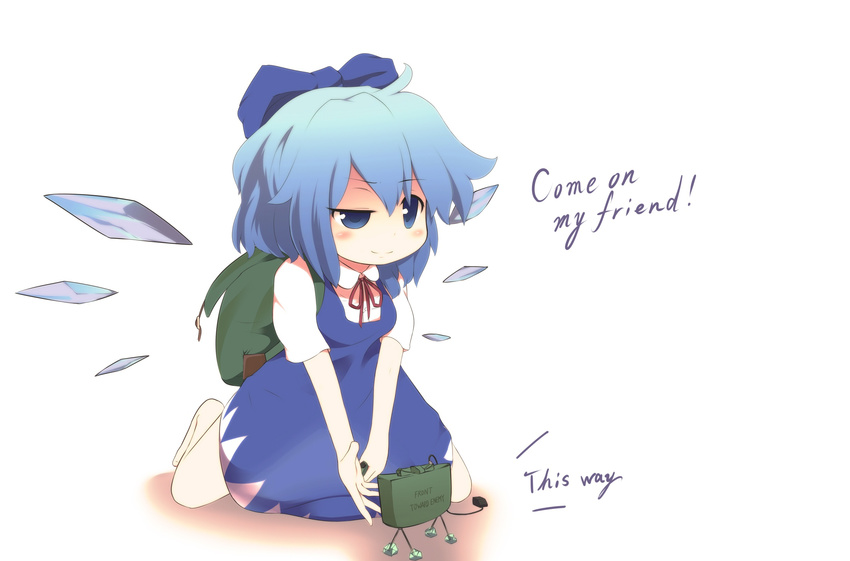 ahoge bad_id bad_pixiv_id barefoot blue_eyes blue_hair cirno claymore_(mine) english explosive hakomugi highres kneeling mine_(weapon) solo squinting touhou uneven_eyes wings