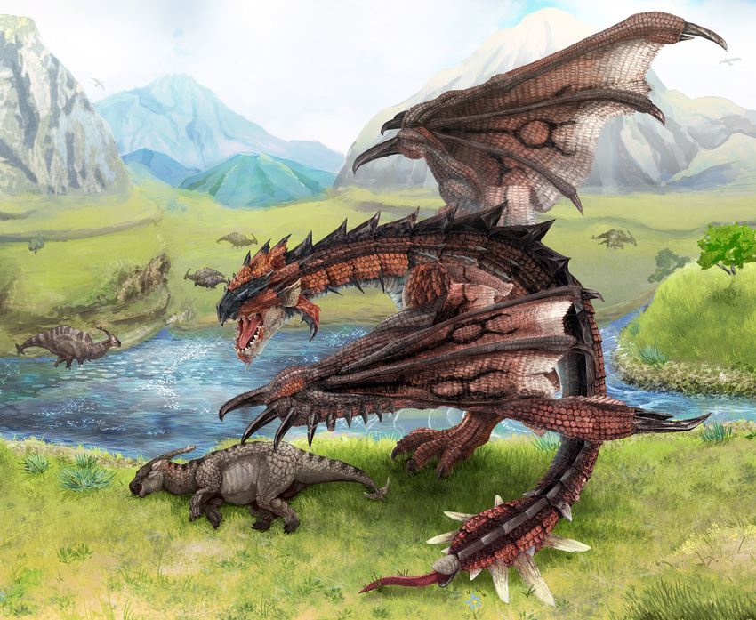 aptonoth capcom dragon grass highres horn lake mh monster monster_hunter mountain mountains rathalos spike tail tree trees wings wyvern