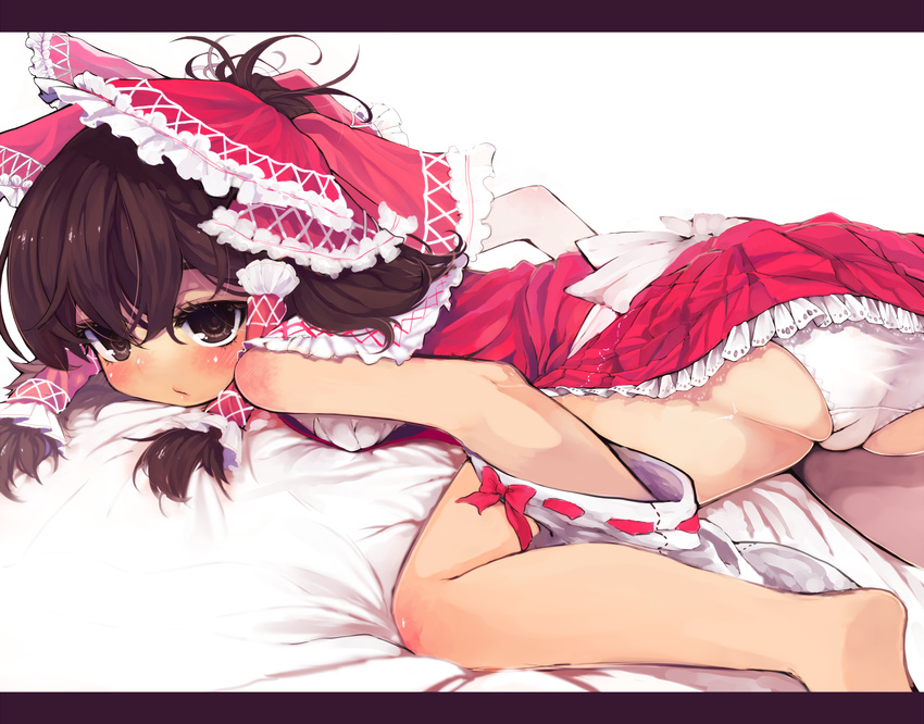 absurdres bad_id bad_pixiv_id barefoot black_eyes blush bow detached_sleeves face goose_h hair_bow hakurei_reimu highres letterboxed looking_at_viewer lying on_stomach panties short_hair solo touhou underwear white_panties
