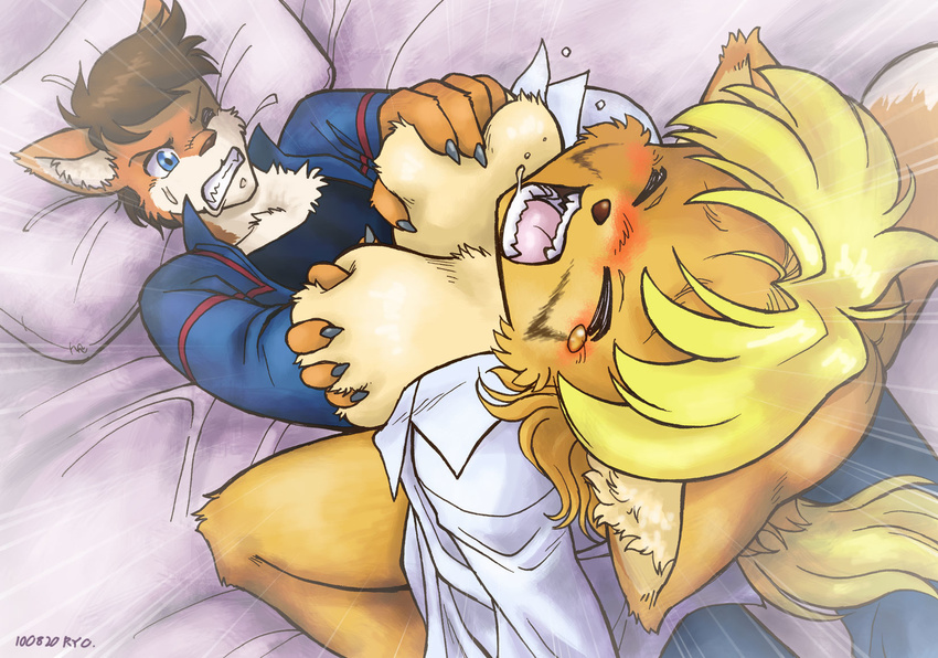 al anthro bed big_breasts blonde_hair blue_eyes blush bottomless breast_grab breasts canine claws clothed_sex clothing cowgirl_position dog duo eyes_closed face_markings facial_markings female fox hair lying male mammal markings naturally_censored on_back on_top one_eye_closed open_mouth open_shirt riding rough_sex ryou sex shirt straddling straight