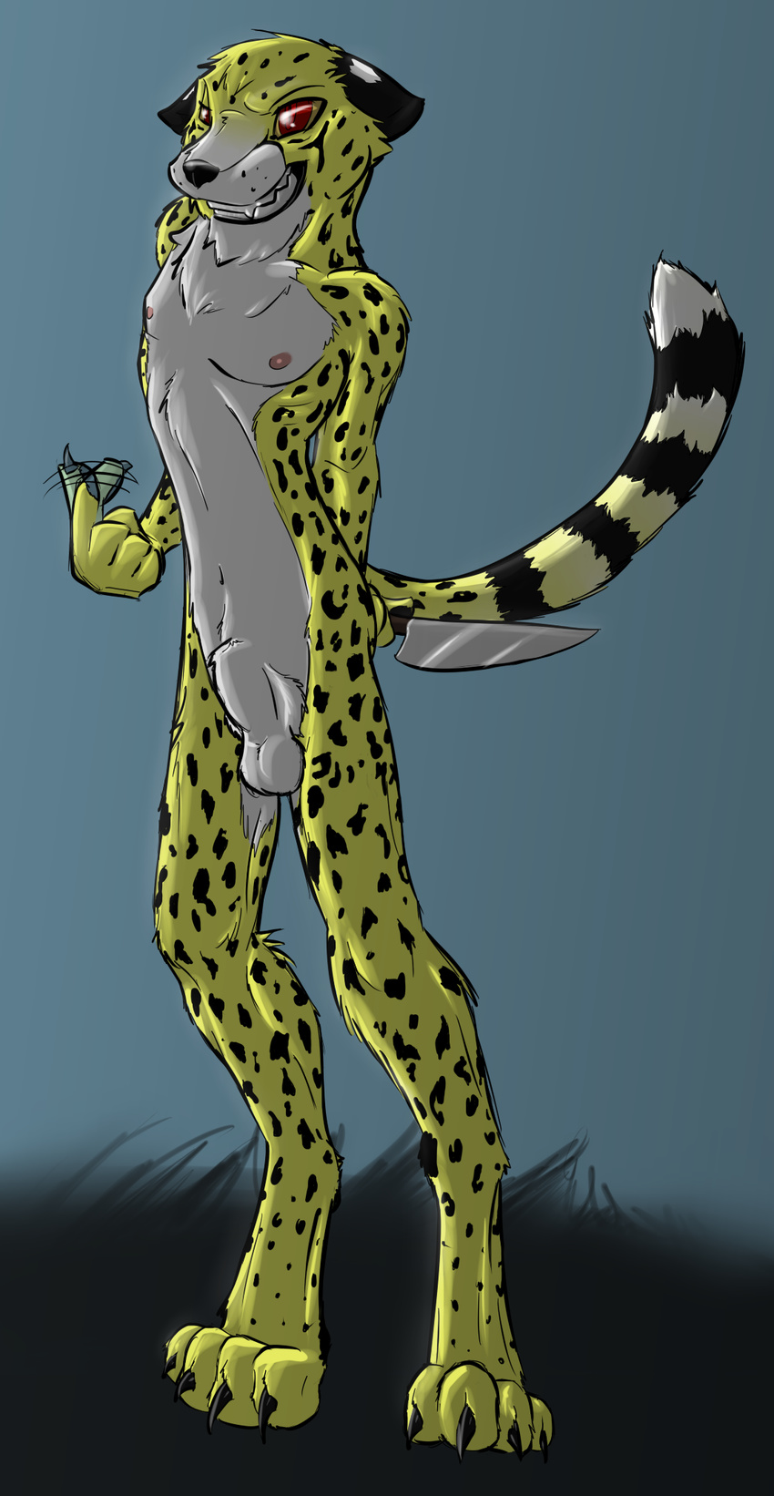 cheetah demitri_cheetah demitri_cheetah_(character) feline jjiinx knife lure male mammal nude red_eyes sheath solo syynx teeth