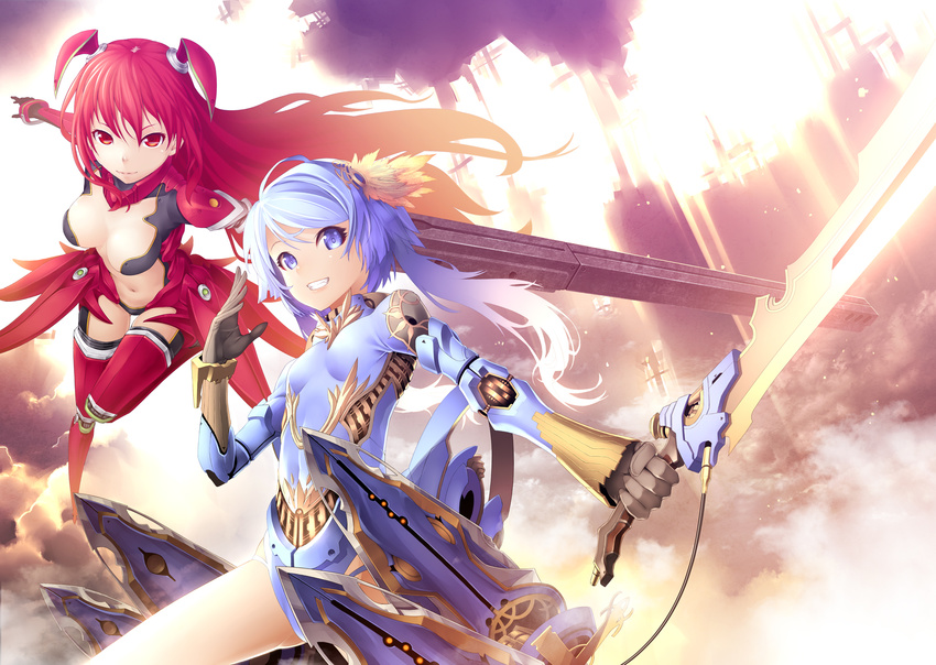 aka_(shoumae) android arm_cannon blue_eyes blue_hair breasts collaboration grin highres kunieda long_hair looking_at_viewer medium_breasts multiple_girls navel original red_eyes red_hair robot_joints smile sword twintails weapon