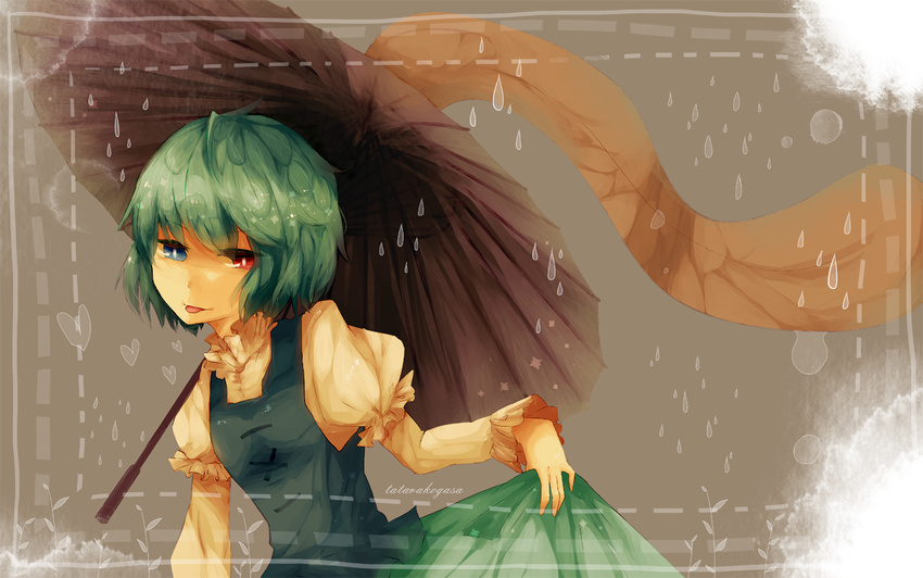 bad_id bad_pixiv_id blue_eyes green_hair heart heterochromia kaio_(watagami) oriental_umbrella rain red_eyes short_hair skirt skirt_lift solo tatara_kogasa tongue touhou umbrella