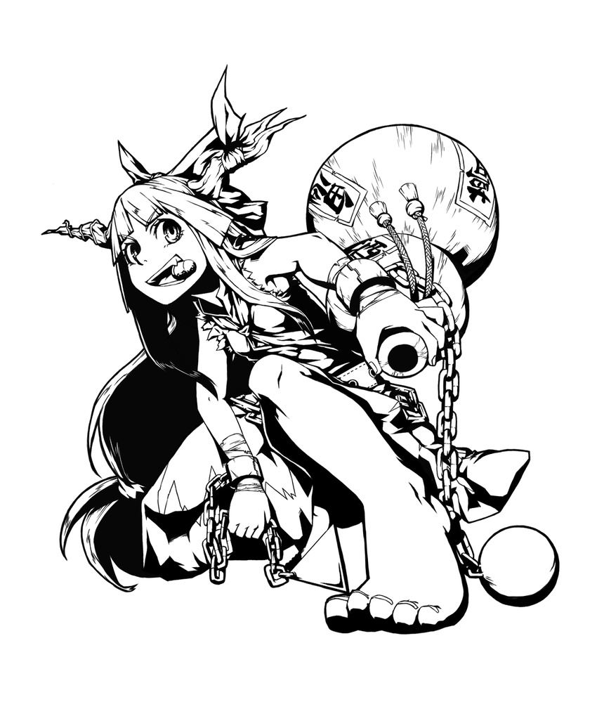 barefoot feet gourd greened greyscale highres horns ibuki_suika monochrome solo toes touhou