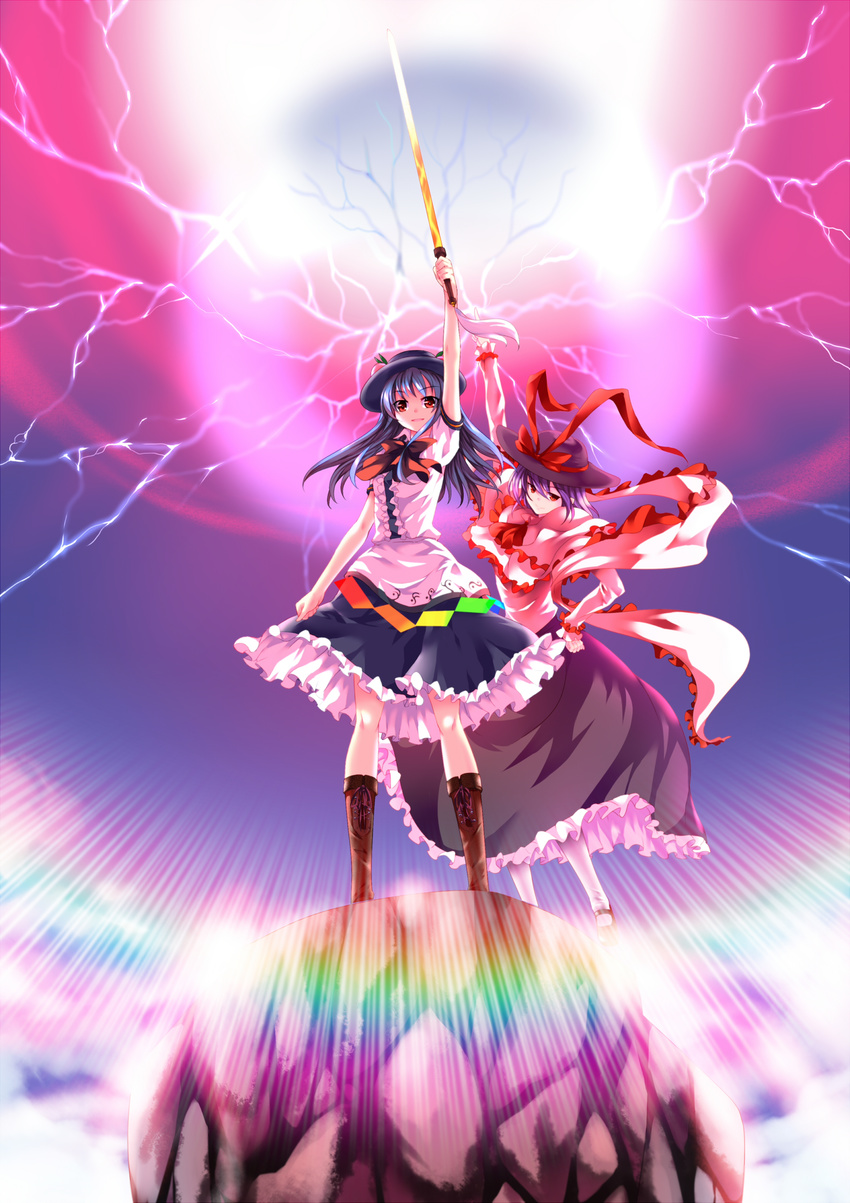 absurdres arm_up blue_hair boots capelet electricity emphasis_lines epic food frills fruit hand_on_hip hat highres hinanawi_tenshi huangquan_dong_(sinchi) keystone light_smile long_hair multiple_girls nagae_iku peach purple_hair red_eyes saturday_night_fever shawl short_hair smile standing sword sword_of_hisou touhou weapon