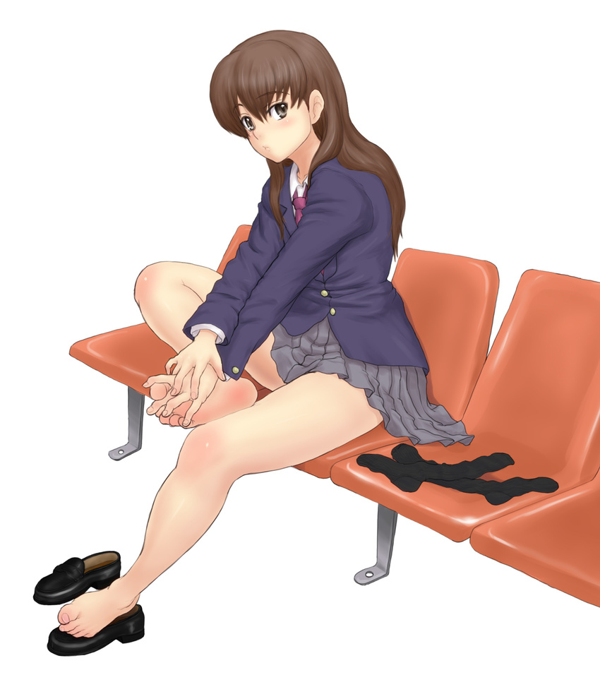 barefoot bench between_toes blazer brown_eyes brown_hair exhausted feet fingers_between_toes foot_massage hands hands_on_feet highres holding_own_foot jacket kuro_suto_sukii legs loafers long_hair original school_uniform shoes shoes_removed sitting skirt socks socks_removed solo toes