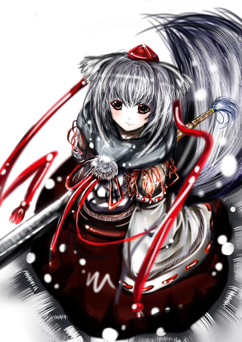 :3 absurdres animal_ears blush from_above hat highres inubashiri_momiji light_smile looking_up red_eyes short_hair snow solo sukya sword tail tokin_hat touhou weapon white_hair wolf_ears wolf_tail