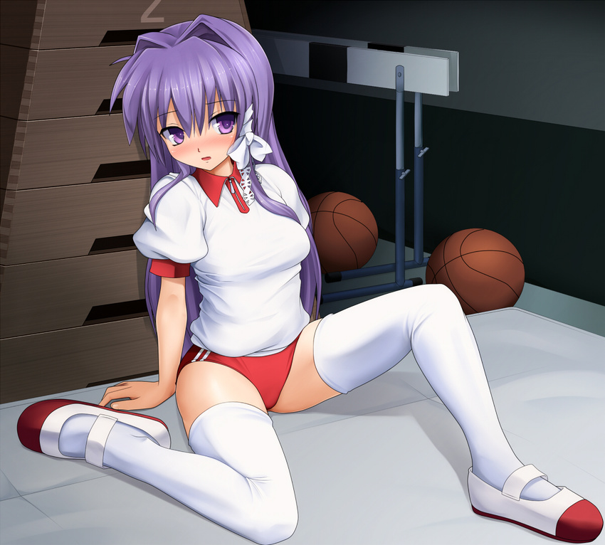 bangs basketball buruma clannad eto fujibayashi_kyou gym_storeroom gym_uniform hair_ornament hurdle indoors long_hair purple_eyes purple_hair sitting solo sportswear thighhighs vaulting_horse white_legwear