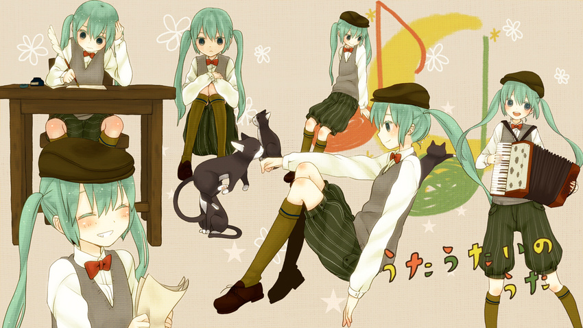 accordion alternate_costume animal bad_id bad_pixiv_id beige_background bow bowtie cabbie_hat cat closed_eyes collared_shirt grey_vest hand_on_own_head hat hatsune_miku head_rest instrument kneehighs long_hair long_sleeves mizutamako multiple_views music musical_note playing_instrument quill red_bow red_neckwear shirt shoes shorts sitting song_name standing twintails vest vocaloid white_shirt writing