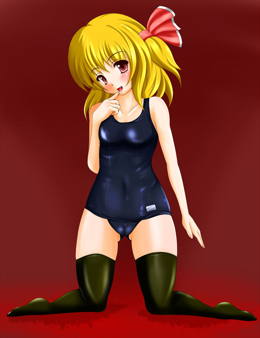 bad_id bad_pixiv_id blonde_hair blush fang finger_to_mouth hair_ribbon highres one-piece_swimsuit red_eyes ribbon rumia school_swimsuit shiny shiny_clothes short_hair smile solo swimsuit tera_hiroshi thighhighs touhou